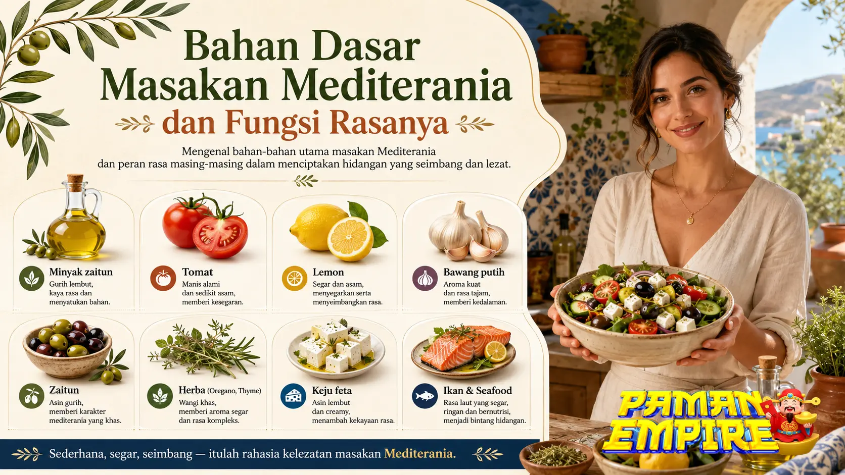Bahan dasar masakan Mediterania seperti sayuran, herbal, roti, dan minyak zaitun