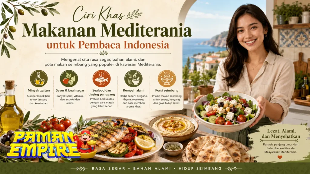 Ciri khas makanan Mediterania dengan sayuran, roti, herbal, dan hidangan utama