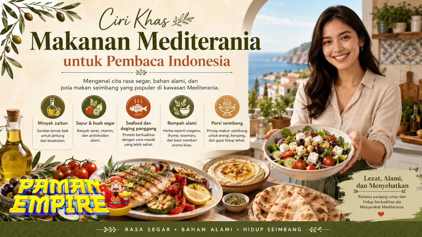 Ciri khas makanan Mediterania dengan sayuran, roti, herbal, dan hidangan utama