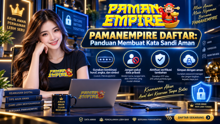 PAMANEMPIRE DAFTAR panduan membuat kata sandi aman dengan ilustrasi keamanan akun, laptop, dan perlindungan password