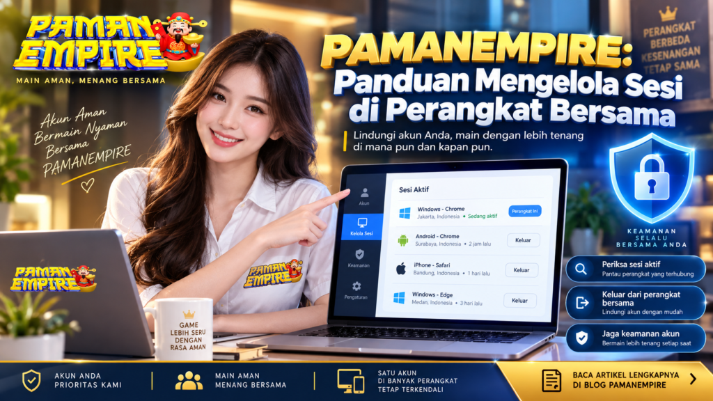 Banner PAMANEMPIRE tentang panduan mengelola sesi di perangkat bersama dengan ilustrasi wanita, laptop, dan tampilan pengaturan keamanan akun.