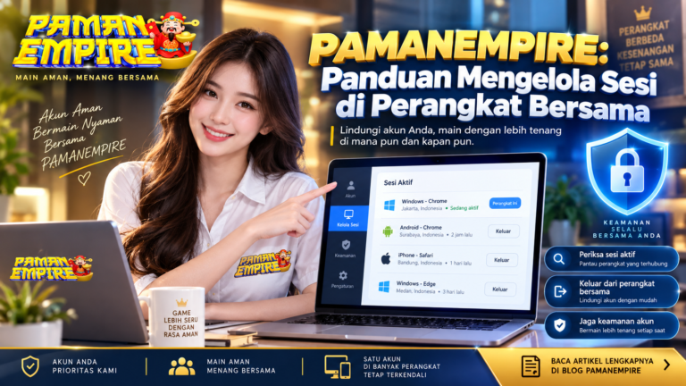 Banner PAMANEMPIRE tentang panduan mengelola sesi di perangkat bersama dengan ilustrasi wanita, laptop, dan tampilan pengaturan keamanan akun.