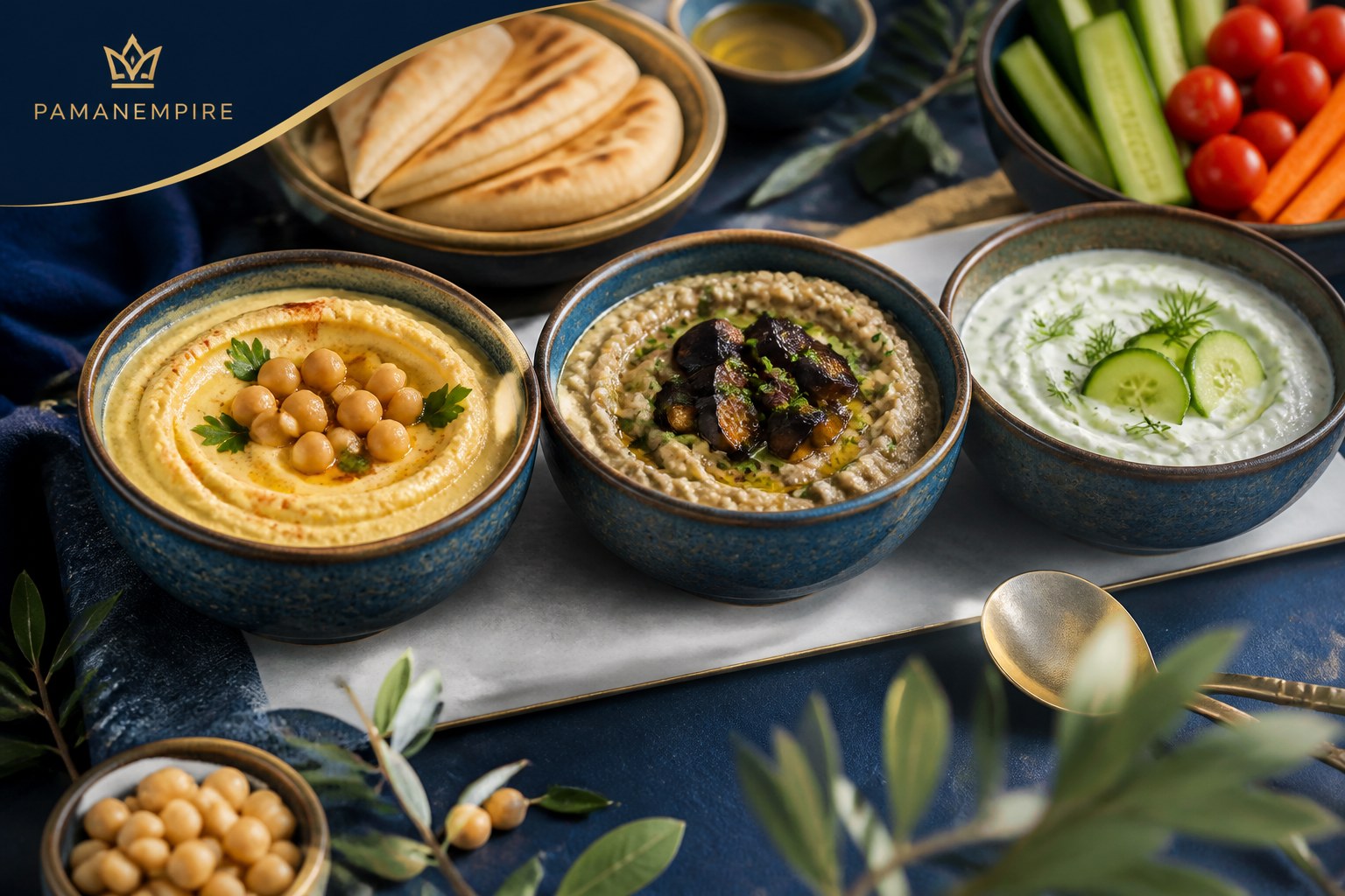 Perbandingan hummus, baba ganoush, dan tzatziki dalam sajian mezze Mediterania PAMANEMPIRE