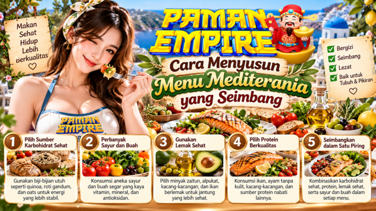 Infografis PAMANEMPIRE tentang cara menyusun menu Mediterania yang seimbang dengan sayuran, buah, biji-bijian utuh, minyak zaitun, dan protein sehat.