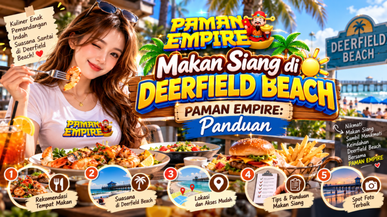 Ilustrasi makan siang di Deerfield Beach dengan hidangan seafood, burger, pemandangan pantai, dan wanita mengenakan kaos Paman Empire.