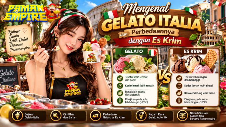 Infografis perbedaan gelato Italia dan es krim, menampilkan tekstur, kadar lemak, rasa, suhu penyajian, serta wanita dengan logo PAMANEMPIRE.