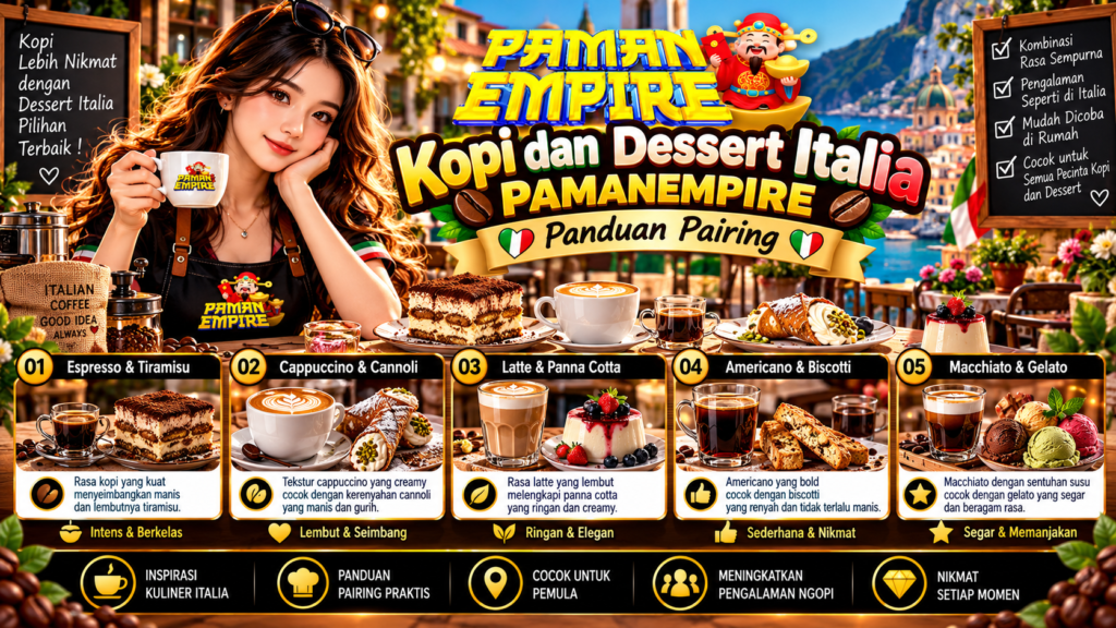 Panduan pairing kopi dan dessert Italia PAMANEMPIRE dengan ilustrasi wanita, espresso, tiramisu, cannoli, dan gelato.