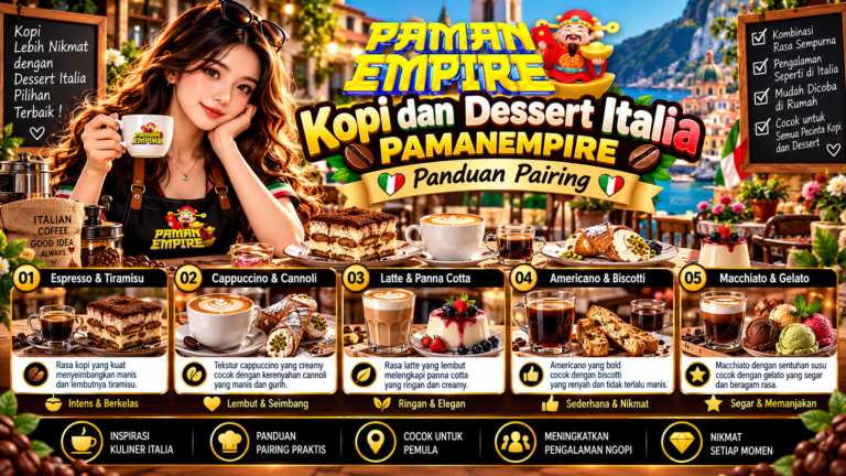 Panduan pairing kopi dan dessert Italia PAMANEMPIRE dengan ilustrasi wanita, espresso, tiramisu, cannoli, dan gelato.