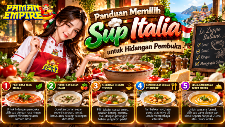 Ilustrasi panduan memilih sup Italia untuk hidangan pembuka, menampilkan sup Minestrone, sup tomat, sup krim jamur, dan berbagai pilihan sup khas Italia.